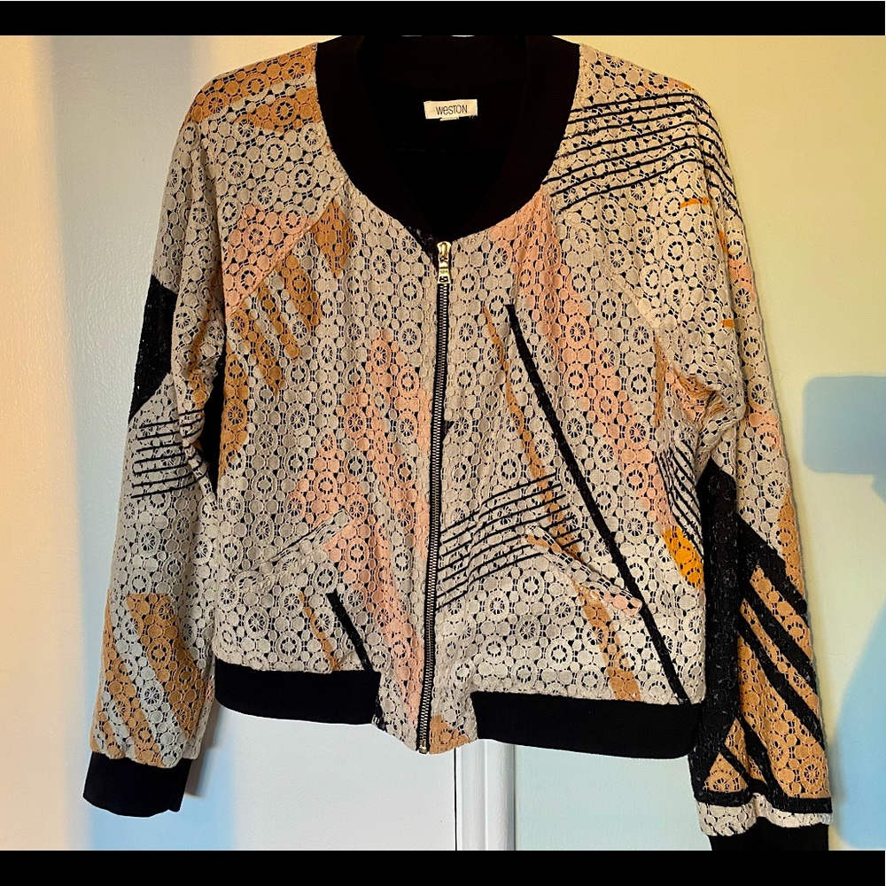 Anthropologie X Weston Cropped Printed Lace Bomber Jacket